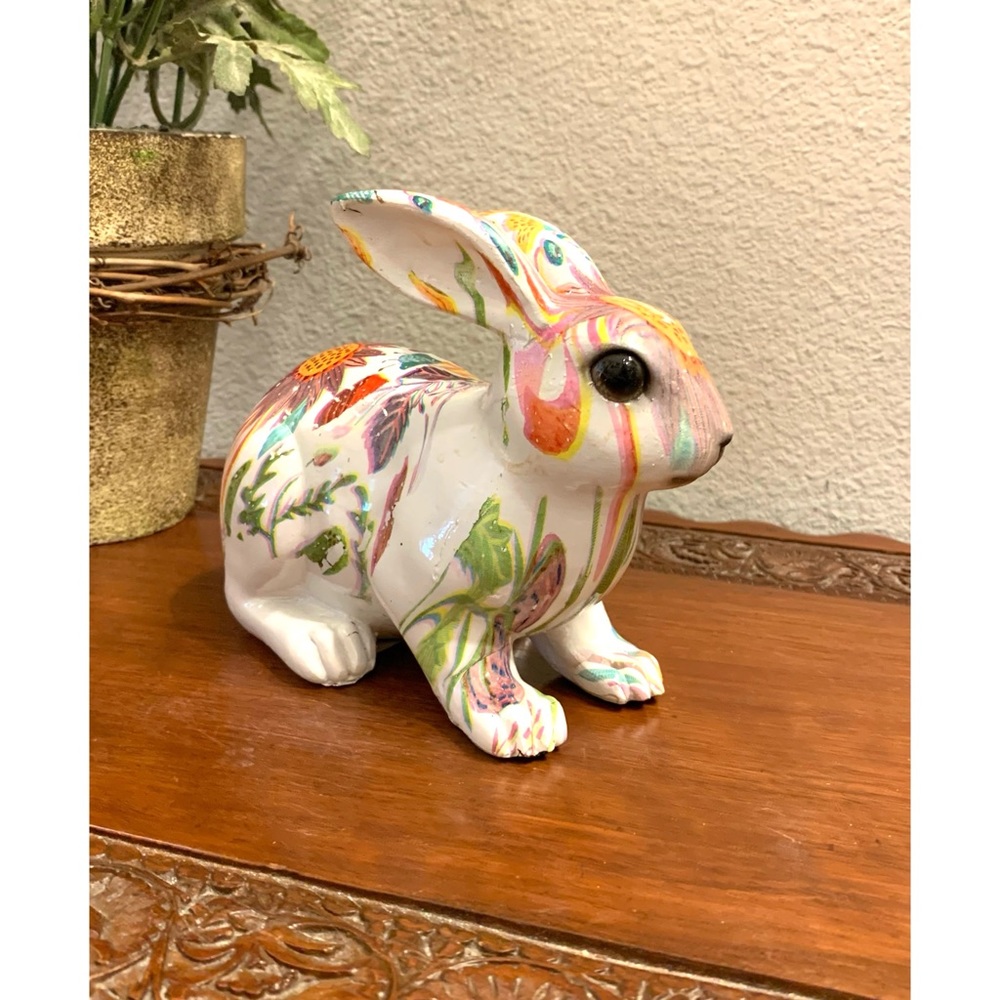 EASTER BUNNY DECOR FIGURINE FLORAL SPRING HAND PAINTED DECOUPAGE STYLE BEAUTIFUL